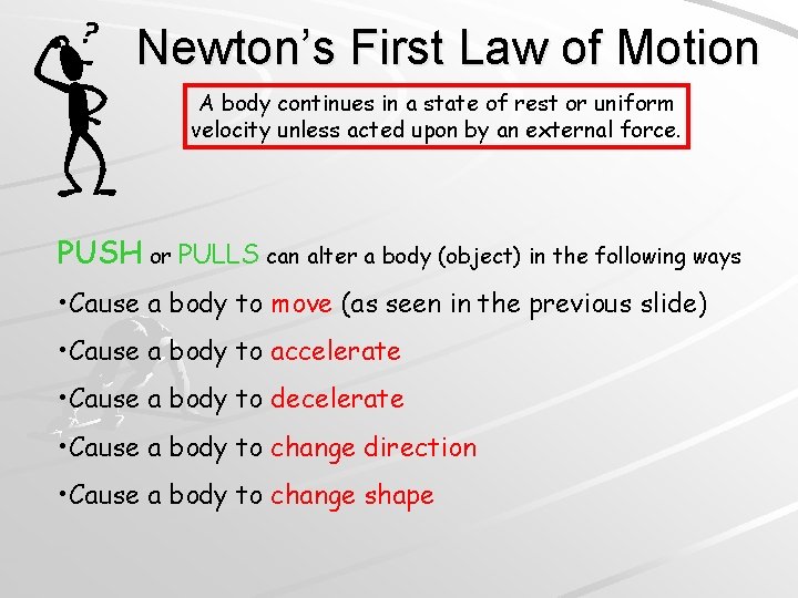 Newton’s First Law of Motion A body continues in a state of rest or