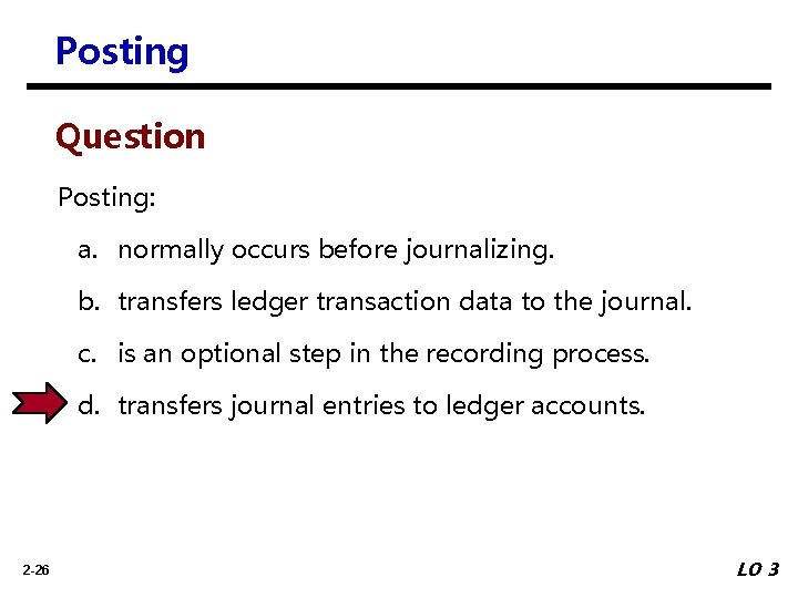 Posting Question Posting: a. normally occurs before journalizing. b. transfers ledger transaction data to