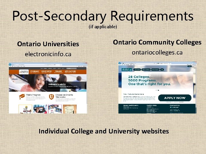 Post-Secondary Requirements (if applicable) Ontario Universities electronicinfo. ca Ontario Community Colleges ontariocolleges. ca Individual