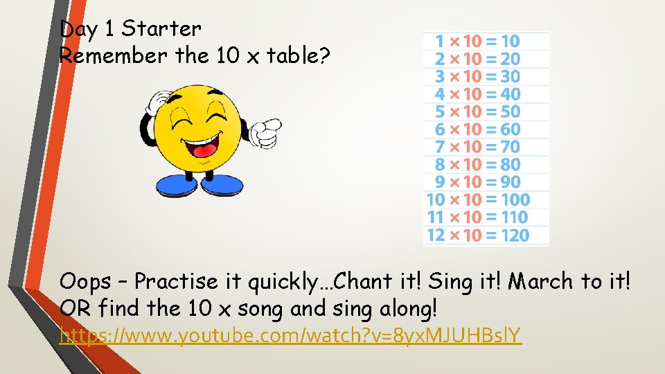 Day 1 Starter Remember the 10 x table? Oops – Practise it quickly…Chant it!