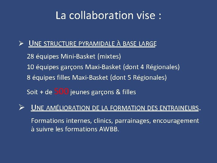 La collaboration vise : Ø UNE STRUCTURE PYRAMIDALE À BASE LARGE. 28 équipes Mini-Basket