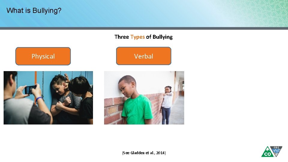 What is Bullying? Three Types of Bullying Physical Verbal (See Gladden et al. ,