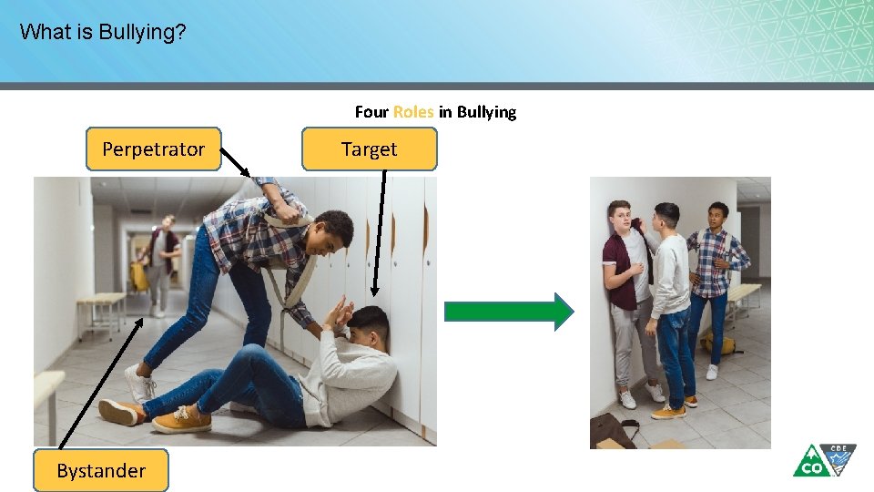 What is Bullying? Four Roles in Bullying Perpetrator Bystander Target 