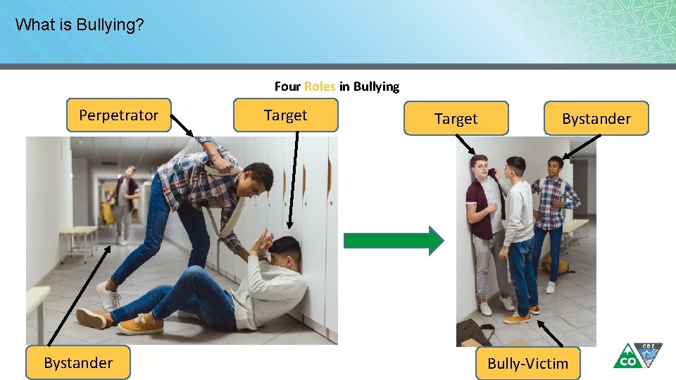 What is Bullying? Four Roles in Bullying Perpetrator Bystander Target Bystander Bully-Victim 
