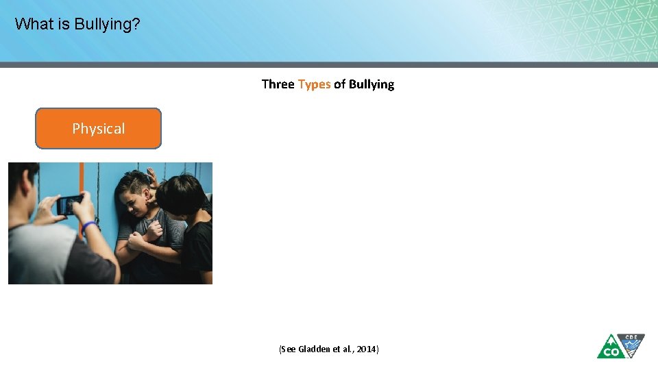 What is Bullying? Three Types of Bullying Physical (See Gladden et al. , 2014)