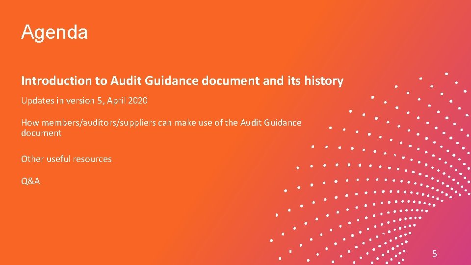 Agenda Introduction to Audit Guidance document and its history Updates in version 5, April