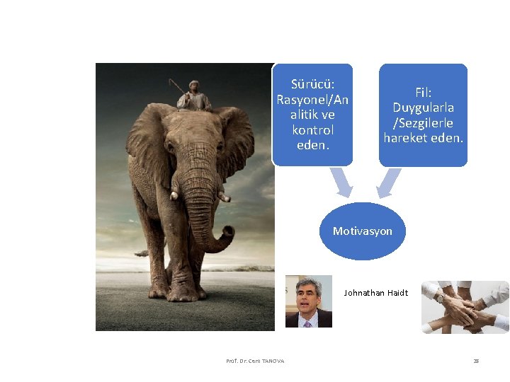 Sürücü: Rasyonel/An alitik ve kontrol eden. Fil: Duygularla /Sezgilerle hareket eden. Motivasyon Johnathan Haidt