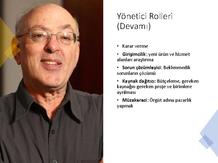 Yönetici Rolleri (Devamı) • Karar verme • Girişimcilik: yeni ürün ve hizmet alanları araştırma