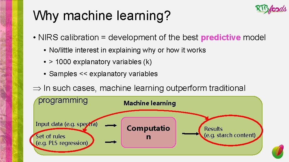 Why machine learning? • NIRS calibration = development of the best predictive model •