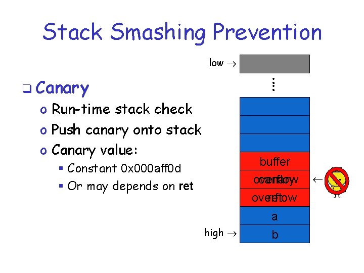 Stack Smashing Prevention low : : q Canary o Run-time stack check o Push