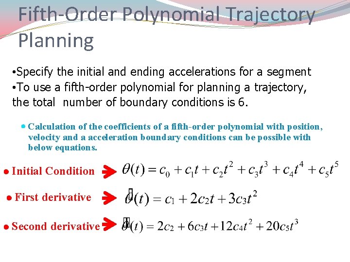 Fifth-Order Polynomial Trajectory Planning • Specify the initial and ending accelerations for a segment