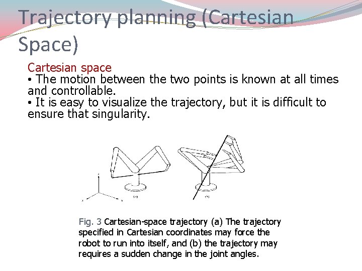 Trajectory planning (Cartesian Space) Cartesian space • The motion between the two points is
