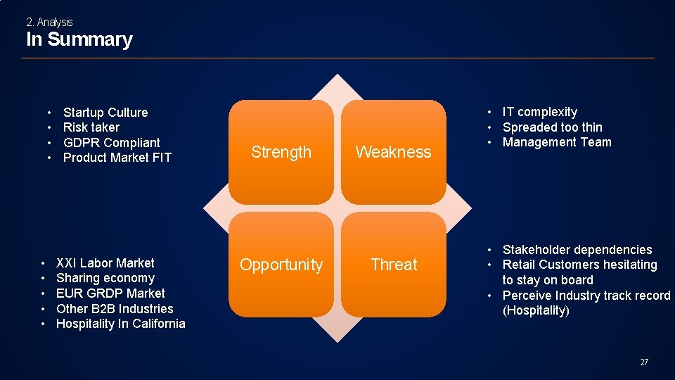 2. Analysis In Summary • • • Startup Culture Risk taker GDPR Compliant Product