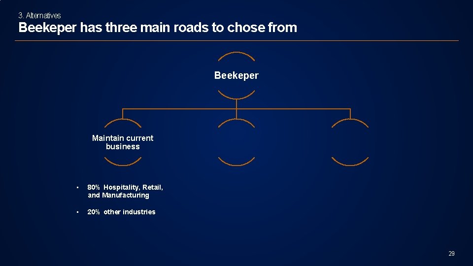 3. Alternatives Beekeper has three main roads to chose from Beekeper Maintain current business