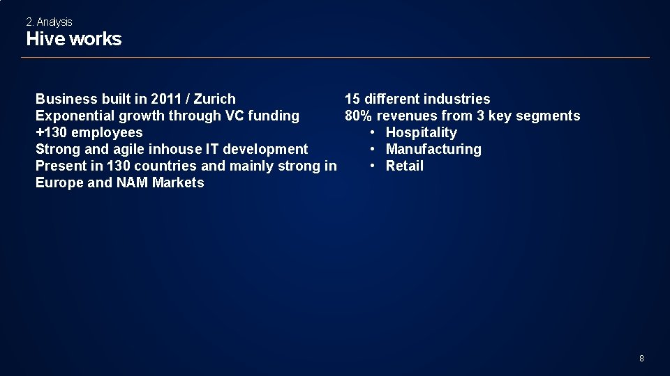 2. Analysis Hive works Business built in 2011 / Zurich 15 different industries Exponential