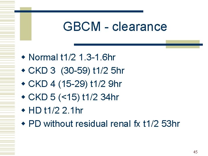 GBCM - clearance w Normal t 1/2 1. 3 -1. 6 hr w CKD