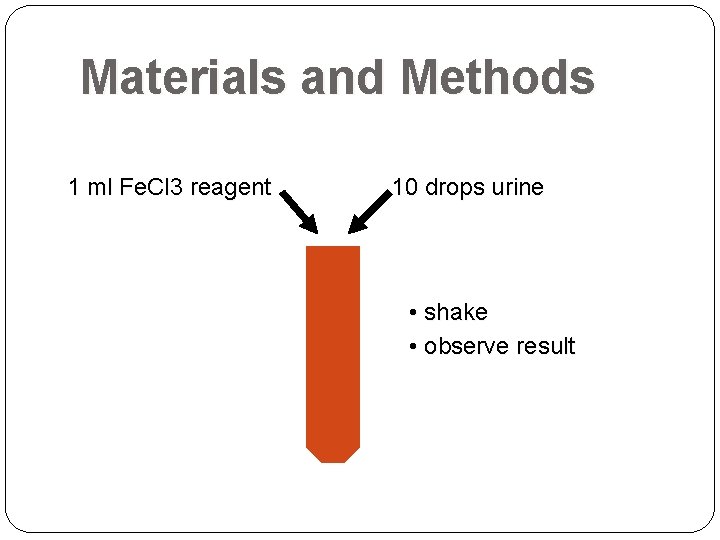 Materials and Methods 1 ml Fe. Cl 3 reagent 10 drops urine • shake Materials and Methods 1 ml Fe. Cl 3 reagent 10 drops urine • shake