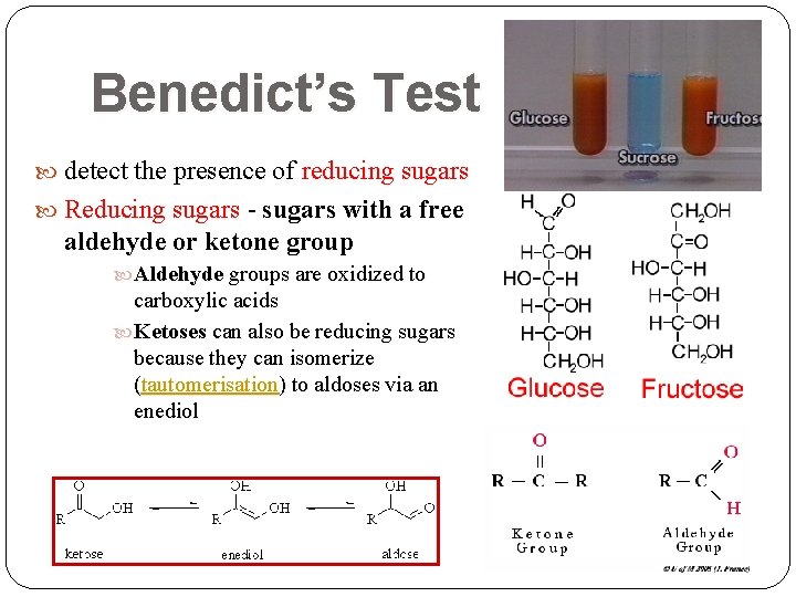 Benedict’s Test detect the presence of reducing sugars Reducing sugars - sugars with a Benedict’s Test detect the presence of reducing sugars Reducing sugars - sugars with a