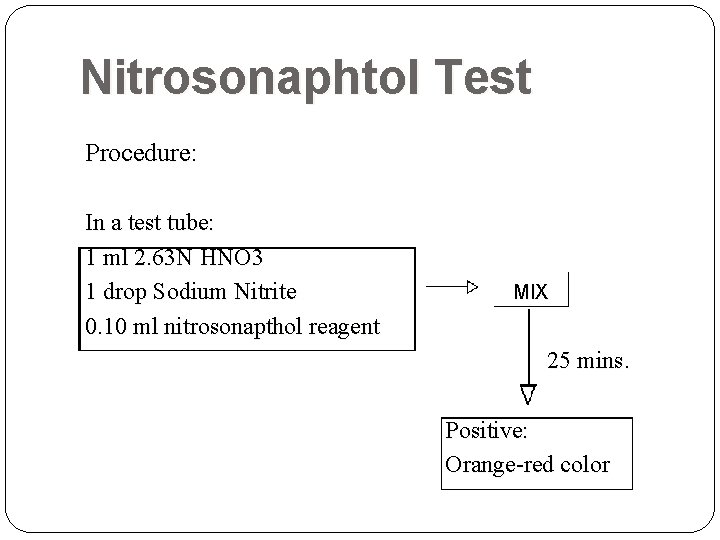 Nitrosonaphtol Test Procedure: In a test tube: 1 ml 2. 63 N HNO 3 Nitrosonaphtol Test Procedure: In a test tube: 1 ml 2. 63 N HNO 3