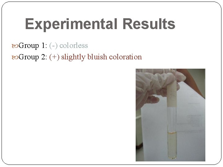Experimental Results Group 1: (-) colorless Group 2: (+) slightly bluish coloration  Experimental Results Group 1: (-) colorless Group 2: (+) slightly bluish coloration