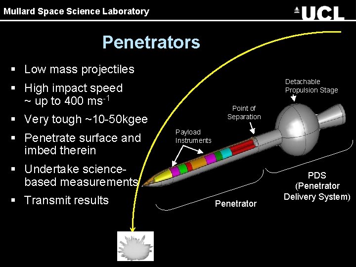 Mullard Space Science Laboratory Penetrators § Low mass projectiles Detachable Propulsion Stage § High