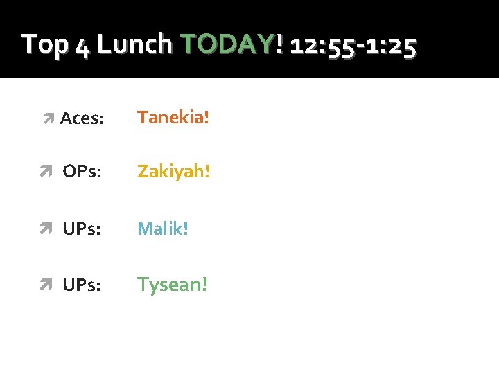 Top 4 Lunch TODAY! 12: 55 -1: 25 Announcement! Aces: Tanekia! OPs: Zakiyah! UPs: