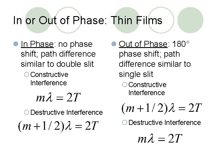 In or Out of Phase: Thin Films l In Phase: no phase shift; path