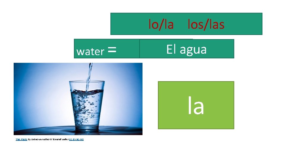 lo/la los/las water = El agua la This Photo by Unknown Author is licensed