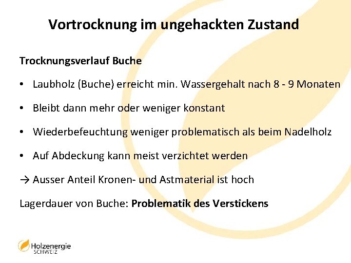Vortrocknung im ungehackten Zustand Trocknungsverlauf Buche • Laubholz (Buche) erreicht min. Wassergehalt nach 8