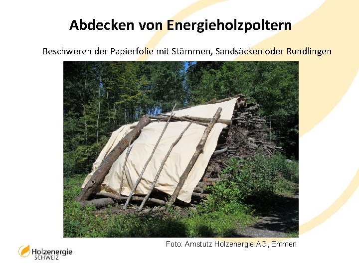 Abdecken von Energieholzpoltern Beschweren der Papierfolie mit Stämmen, Sandsäcken oder Rundlingen Foto: Amstutz Holzenergie