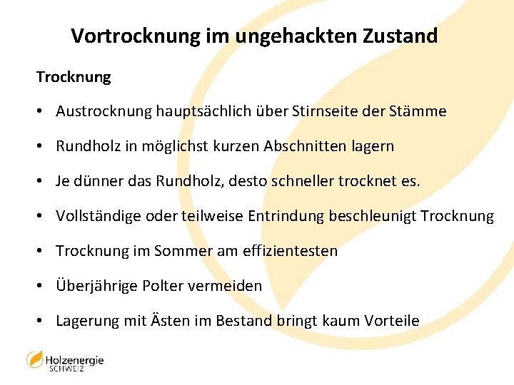 Vortrocknung im ungehackten Zustand Trocknung • Austrocknung hauptsächlich über Stirnseite der Stämme • Rundholz