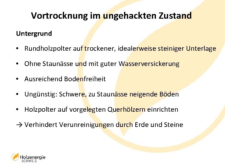 Vortrocknung im ungehackten Zustand Untergrund • Rundholzpolter auf trockener, idealerweise steiniger Unterlage • Ohne