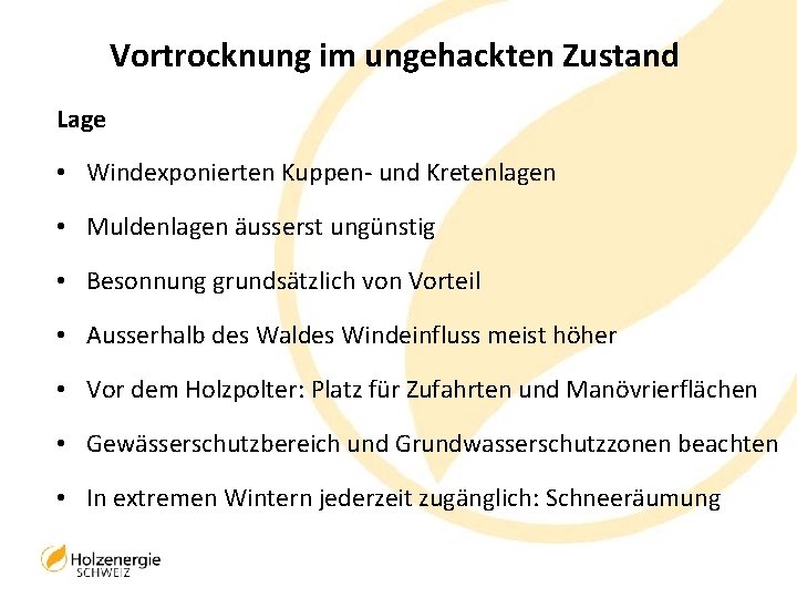 Vortrocknung im ungehackten Zustand Lage • Windexponierten Kuppen- und Kretenlagen • Muldenlagen äusserst ungünstig