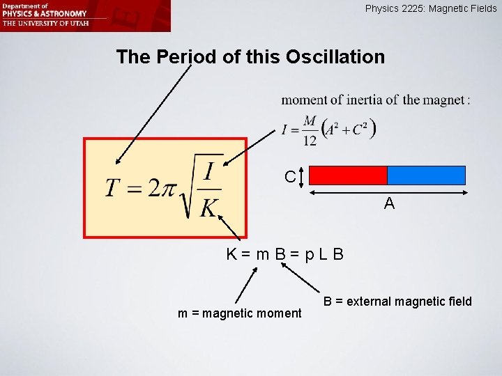 Physics 2225: Magnetic Fields The Period of this Oscillation C A K=m. B=p. LB