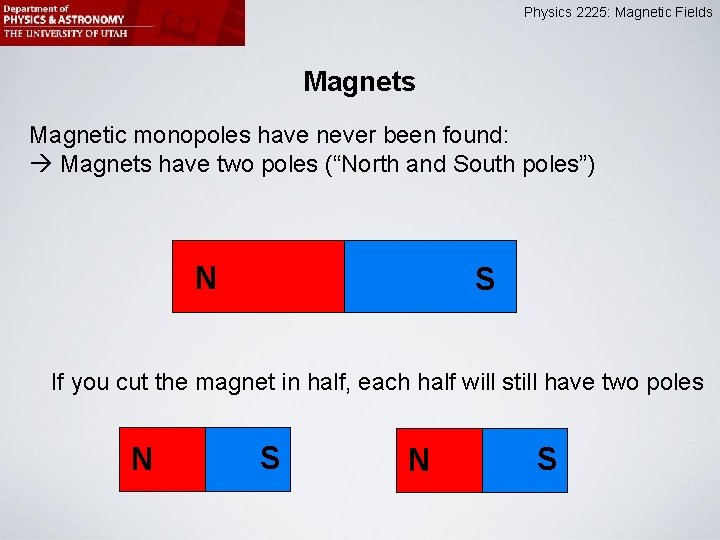 Physics 2225: Magnetic Fields Magnetic monopoles have never been found: Magnets have two poles