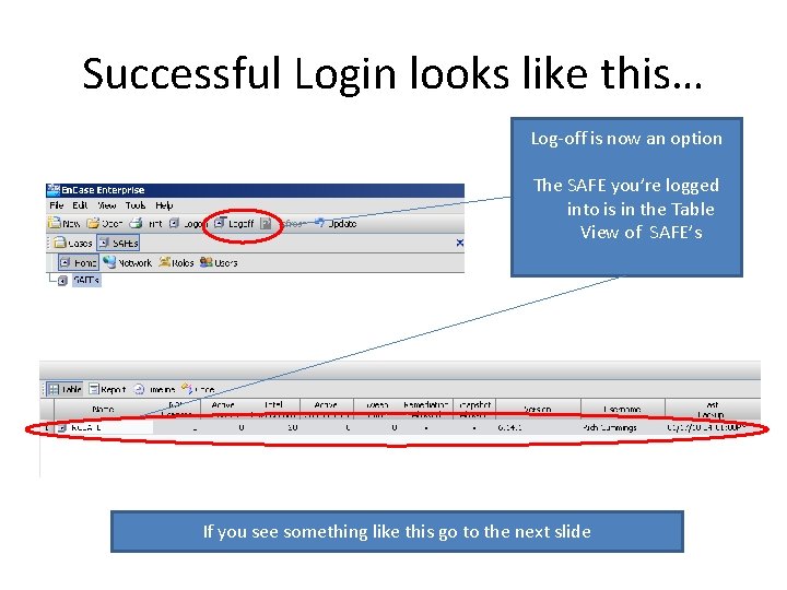 Successful Login looks like this… Log-off is now an option The SAFE you’re logged