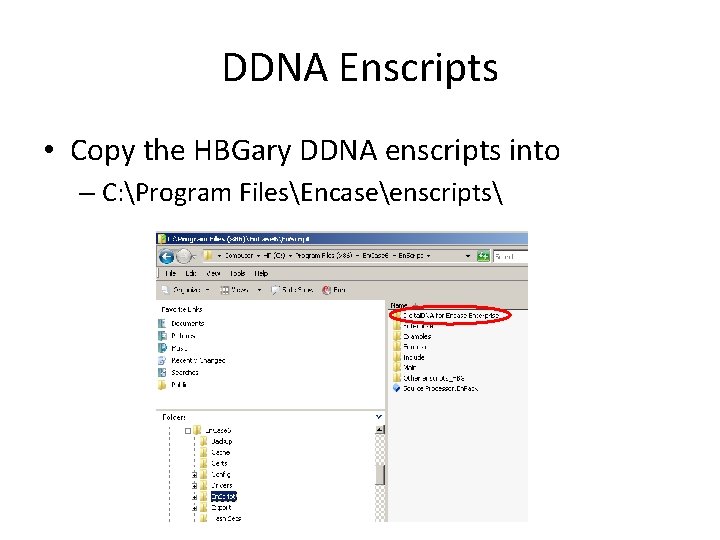 DDNA Enscripts • Copy the HBGary DDNA enscripts into – C: Program FilesEncaseenscripts 