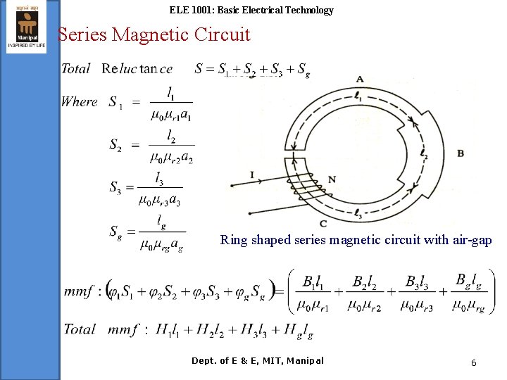 ELE 1001: Basic Electrical Technology Series Magnetic Circuit Ring shaped series magnetic circuit with