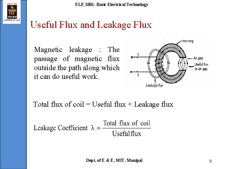 ELE 1001: Basic Electrical Technology Useful Flux and Leakage Flux Magnetic leakage : The