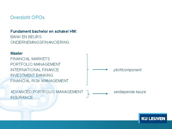 Overzicht OPOs Fundament bachelor en schakel HW: BANK EN BEURS ONDERNEMINGSFINANCIERING Master FINANCIAL MARKETS