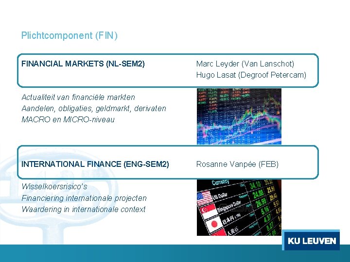 Plichtcomponent (FIN) FINANCIAL MARKETS (NL-SEM 2) Marc Leyder (Van Lanschot) Hugo Lasat (Degroof Petercam)