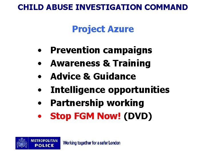 CHILD ABUSE INVESTIGATION COMMAND Project Azure • • • Prevention campaigns Awareness & Training