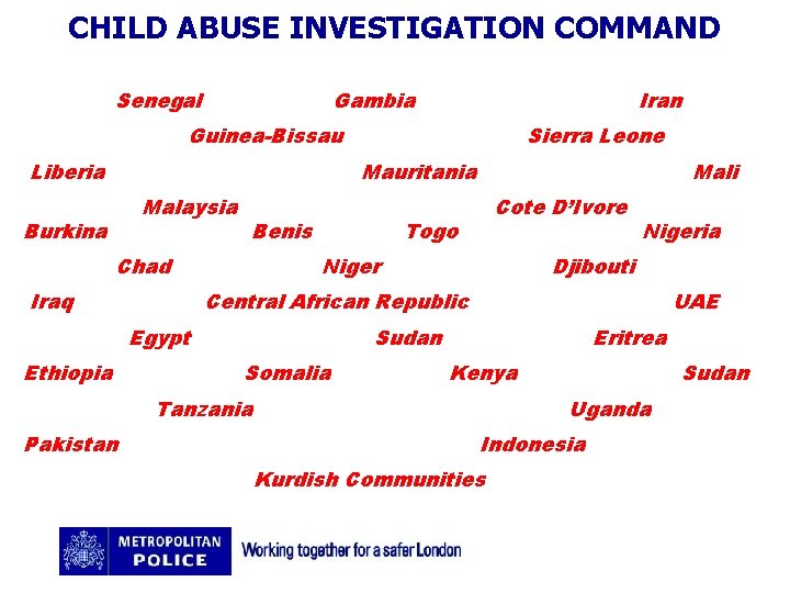 CHILD ABUSE INVESTIGATION COMMAND Senegal Gambia Iran Guinea-Bissau Liberia Sierra Leone Mauritania Malaysia Burkina