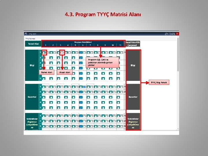 4. 3. Program TYYÇ Matrisi Alanı Program Öğr. Çıktı ve yetkilileri alanında girilen çıktılar