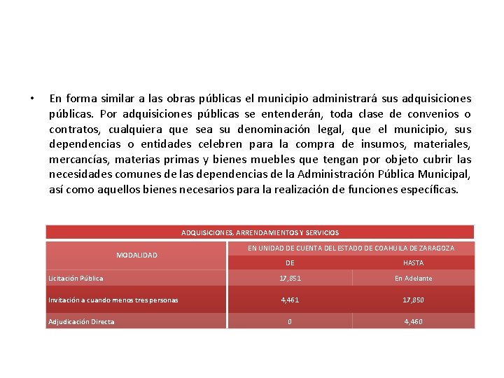  • En forma similar a las obras públicas el municipio administrará sus adquisiciones