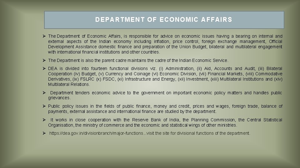 DEPARTMEN T OF ECO NO MI C AFFAIRS Ø The Department of Economic Affairs,