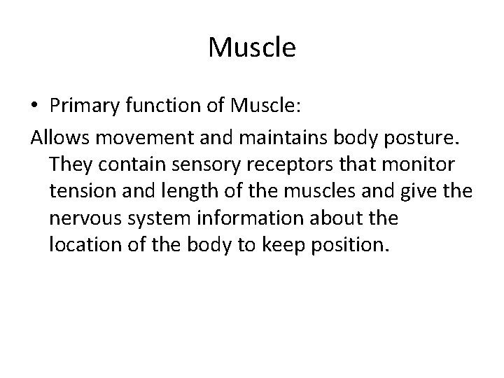 Muscle • Primary function of Muscle: Allows movement and maintains body posture. They contain