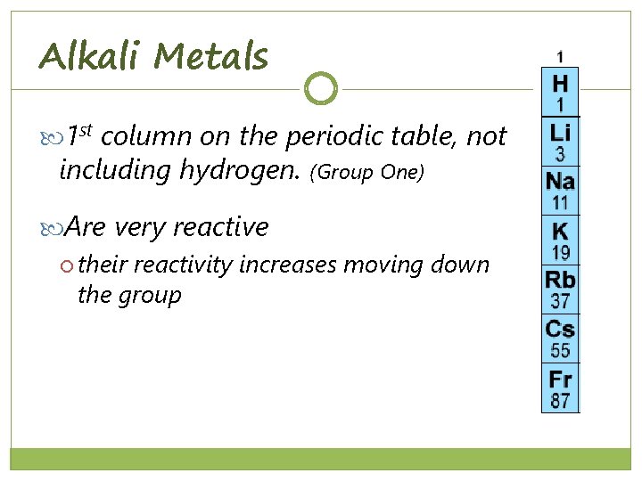 Alkali Metals 1 st column on the periodic table, not including hydrogen. (Group One)