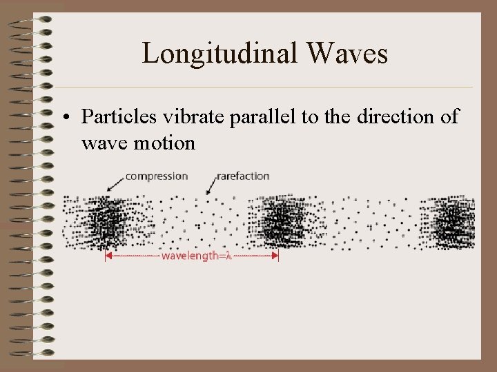 Longitudinal Waves • Particles vibrate parallel to the direction of wave motion 