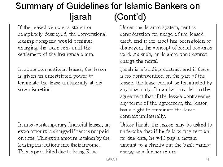 Summary of Guidelines for Islamic Bankers on Ijarah (Cont’d) IJARAH 41 